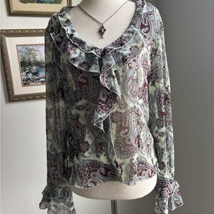 Vintage Lucky Brand Paisley Bell Sleece Ruffle Blouse